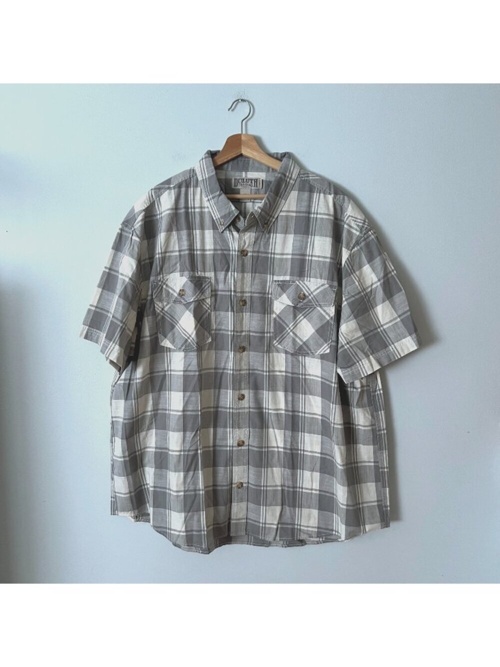 Duluth Trading Co Men's Free Swingin Chambray Short Sleeve Plaid Shirt Gray 3X